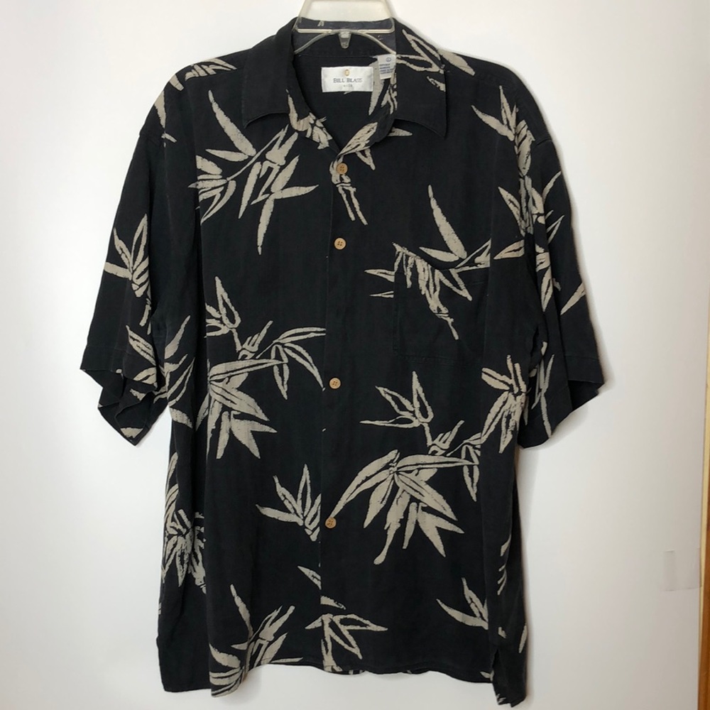 Bill Blass Mens 100% Silk Top Shirt Bamboo Wooden Buttons Short Sleeves L LARGE